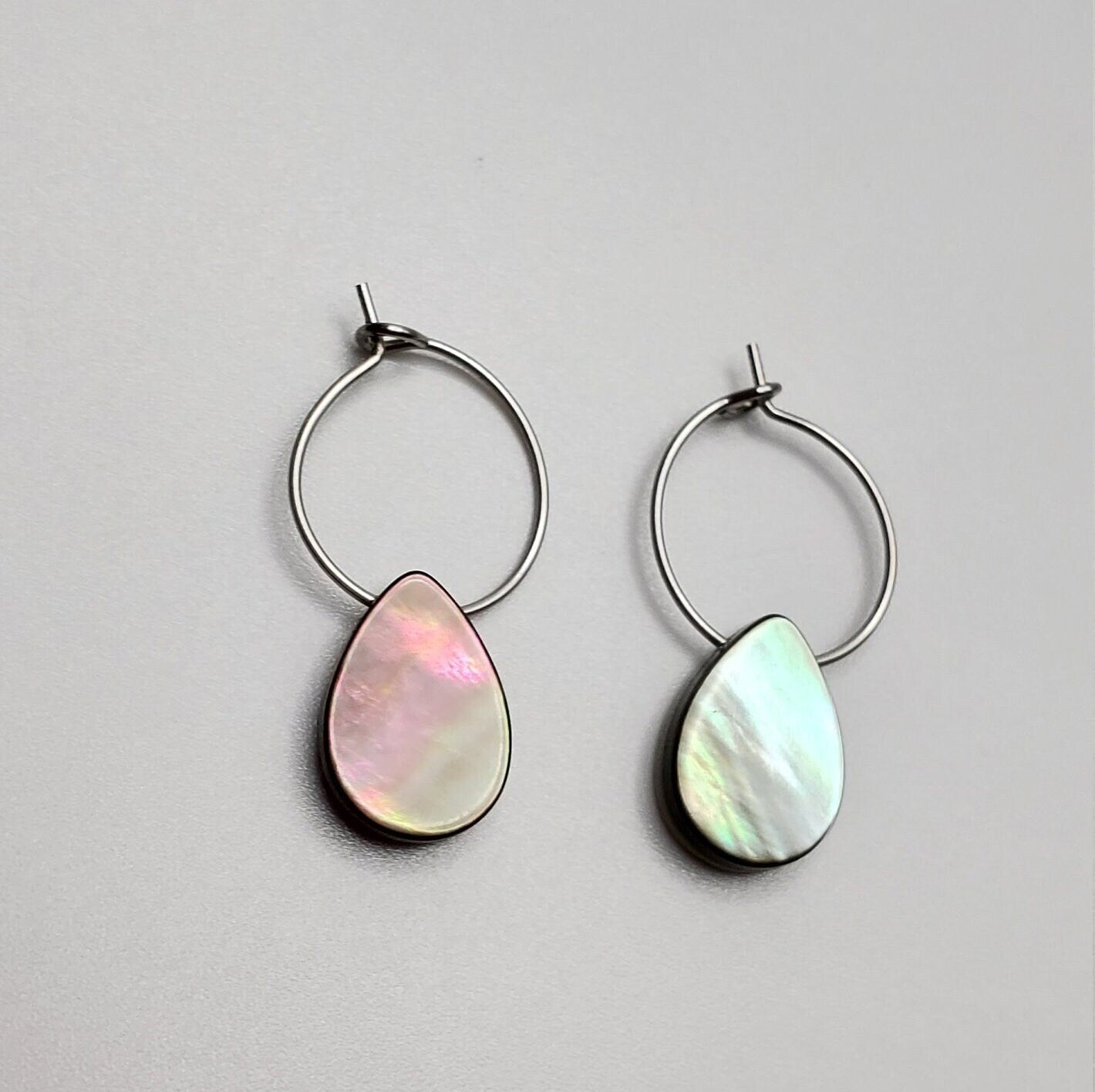 Small | Black Mother of Pearl Shell | Natural | Teardrop | Hoop Earrings | Stainless Steel