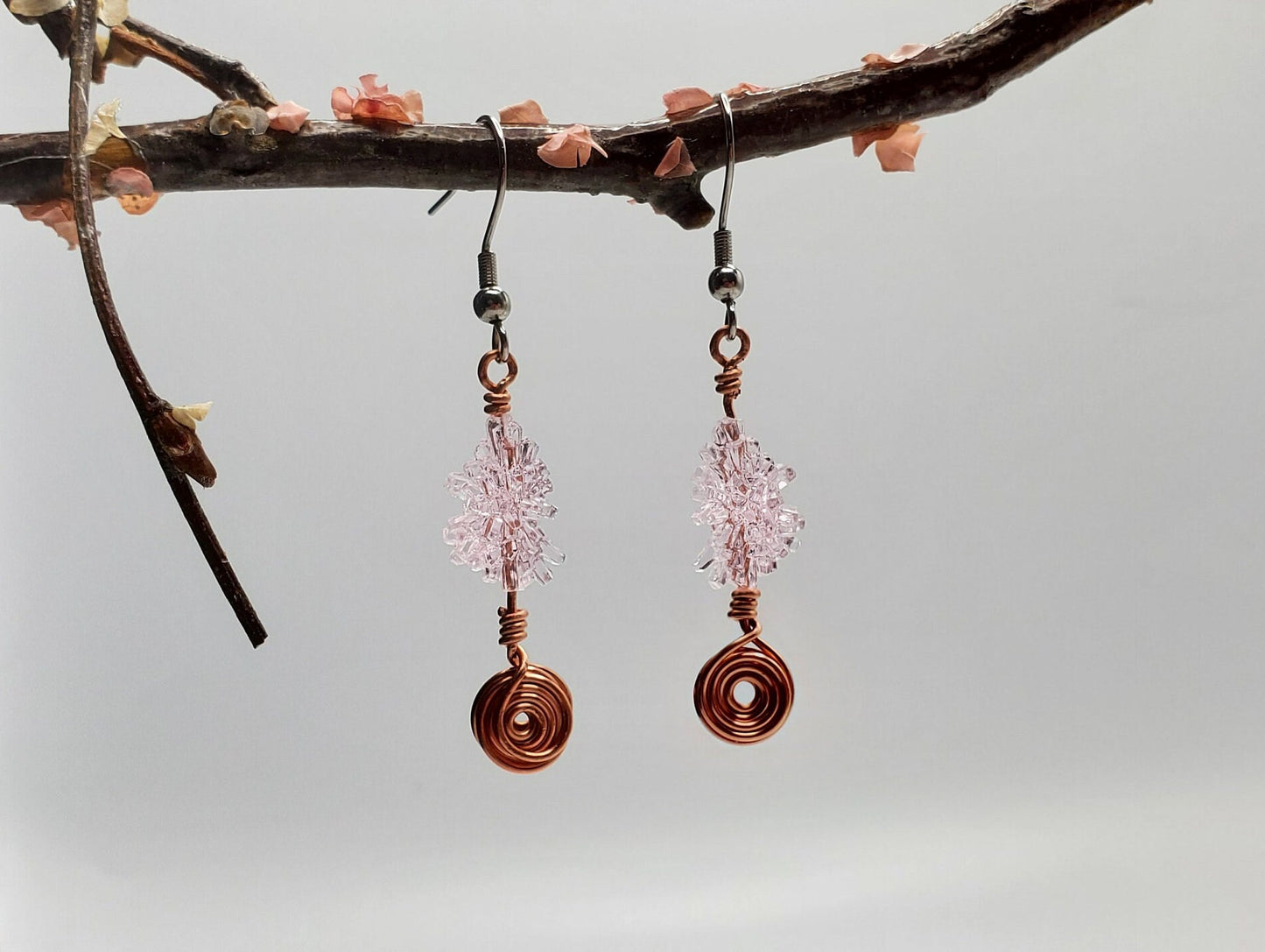 Vintage Pink Lucite | Copper Spiral | Earrings | Stainless Steel