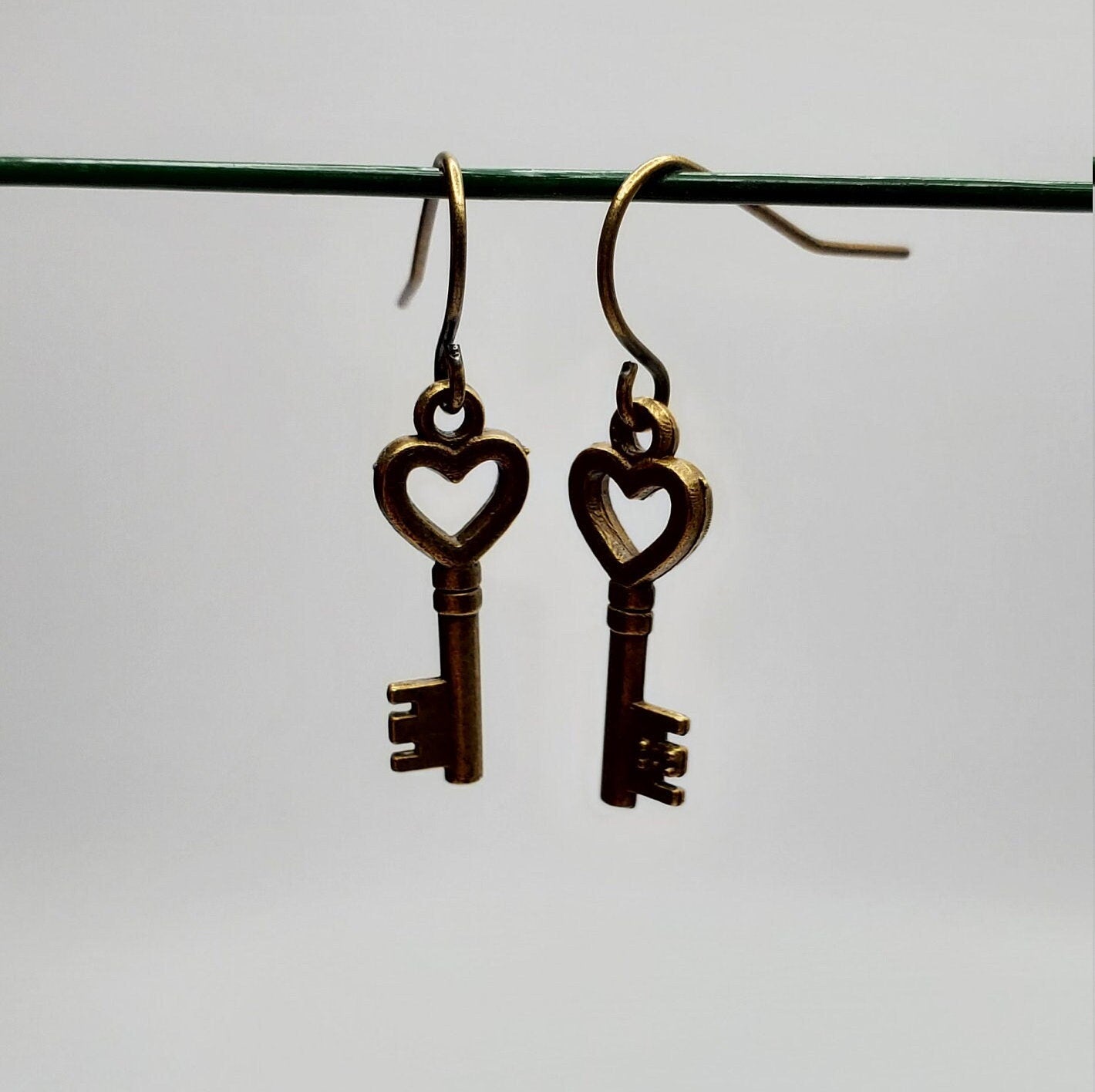 Heart Shaped Key Earrings | Small | Antiqued Bronze