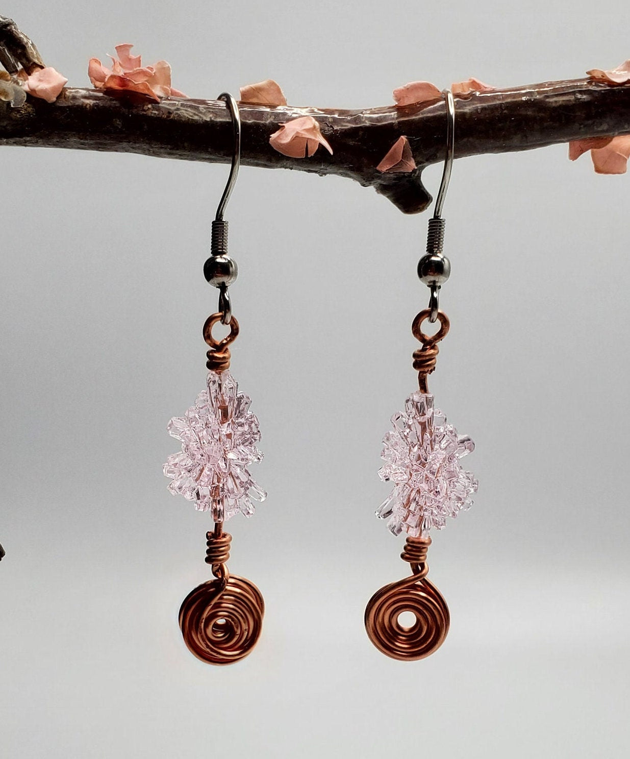 Vintage Pink Lucite | Copper Spiral | Earrings | Stainless Steel