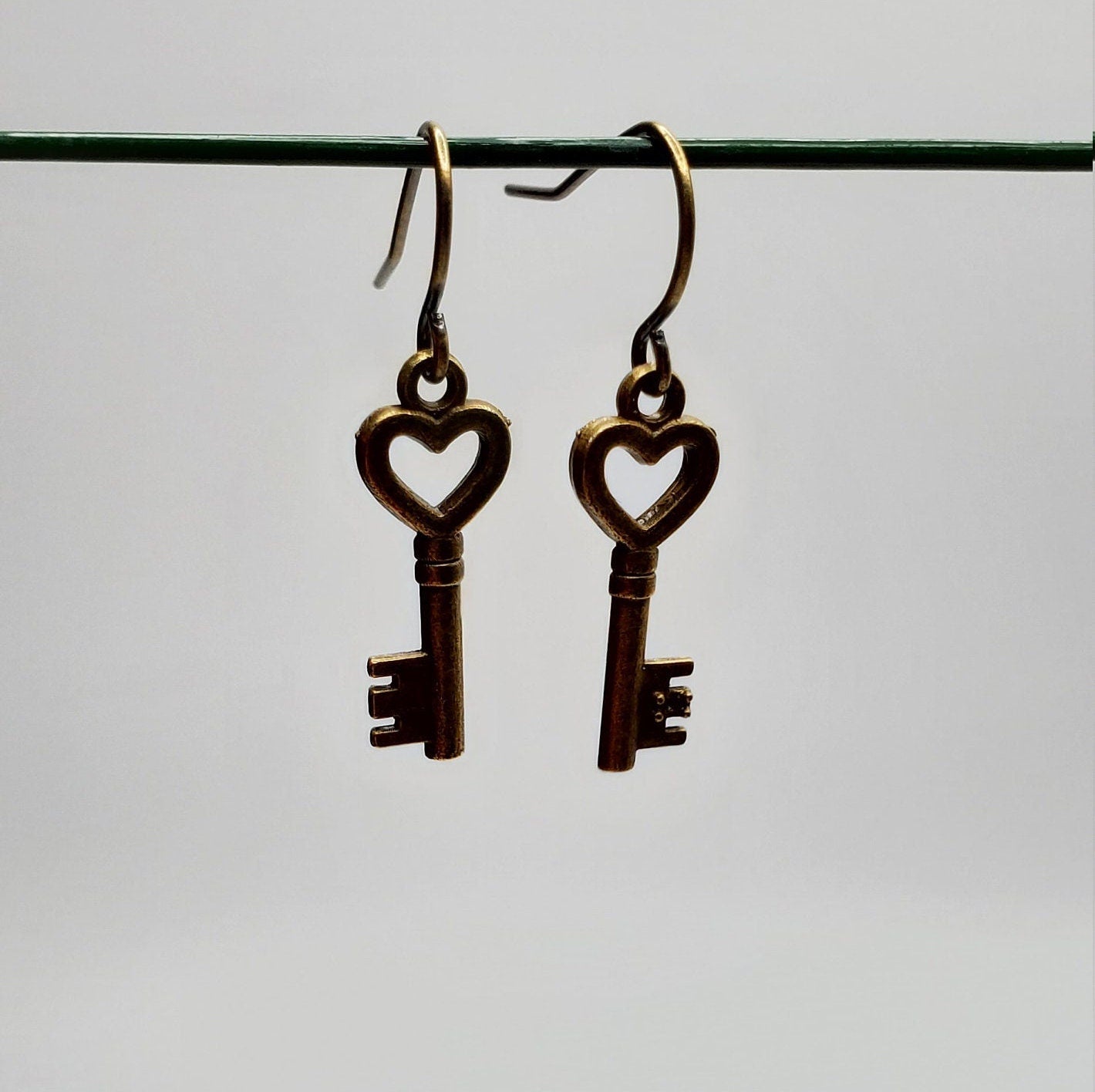Heart Shaped Key Earrings | Small | Antiqued Bronze