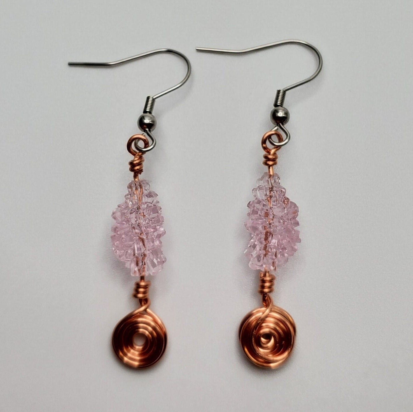 Vintage Pink Lucite | Copper Spiral | Earrings | Stainless Steel