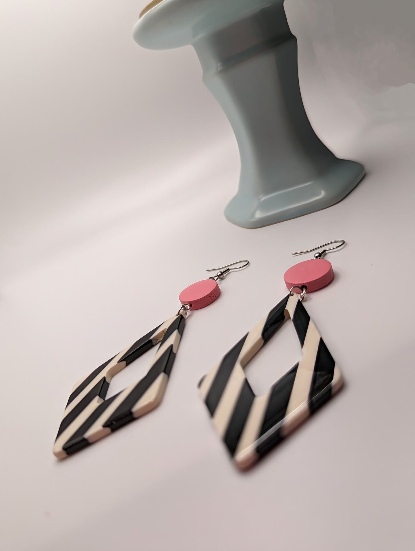 Pink Circle & Black and White Acrylic Earrings | Stainless Steel Ear Hooks