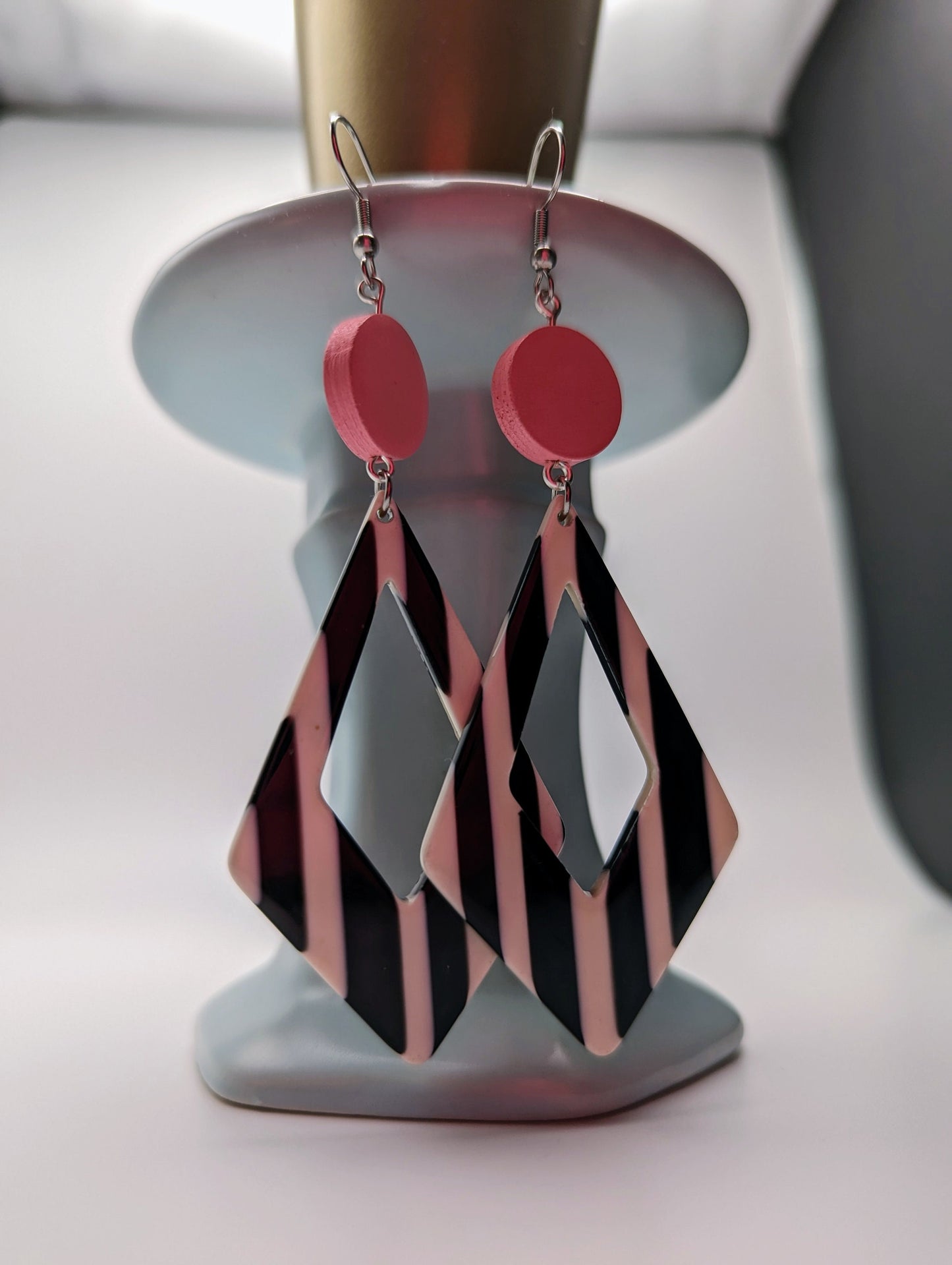 Pink Circle & Black and White Acrylic Earrings | Stainless Steel Ear Hooks