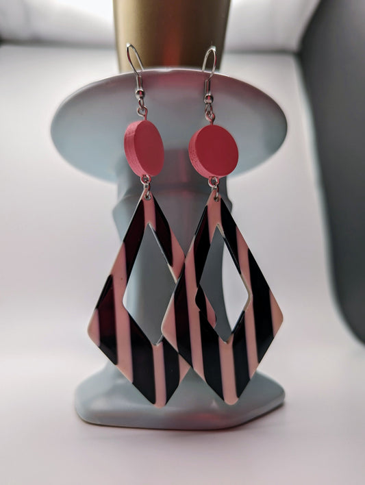 Pink Circle & Black and White Acrylic Earrings | Stainless Steel Ear Hooks