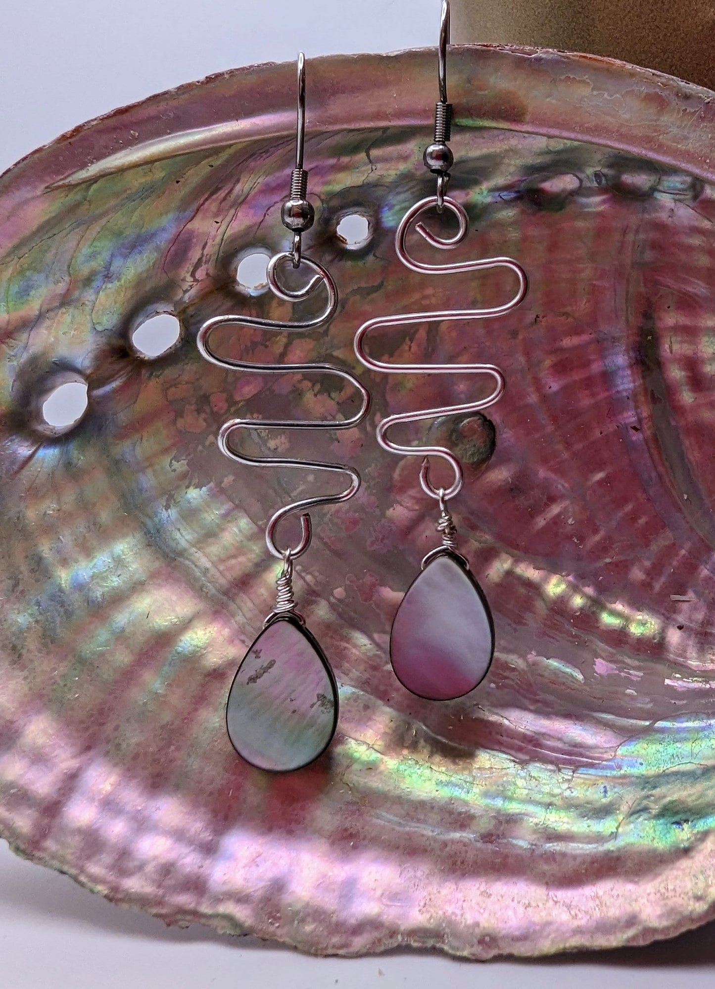 Black Mother of Pearl Shell | Natural | Teardrop | Dangle Earrings | Stainless Steel