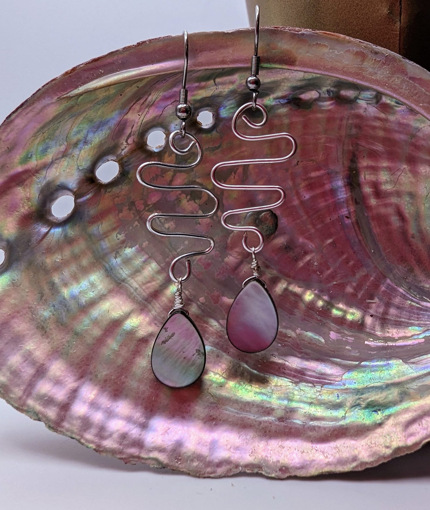 Black Mother of Pearl Shell | Natural | Teardrop | Dangle Earrings | Stainless Steel