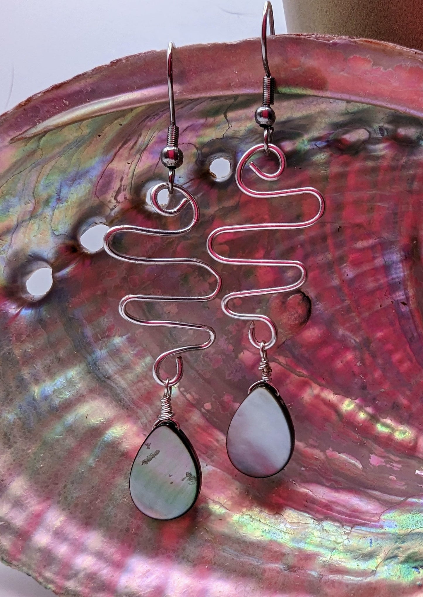 Black Mother of Pearl Shell | Natural | Teardrop | Dangle Earrings | Stainless Steel