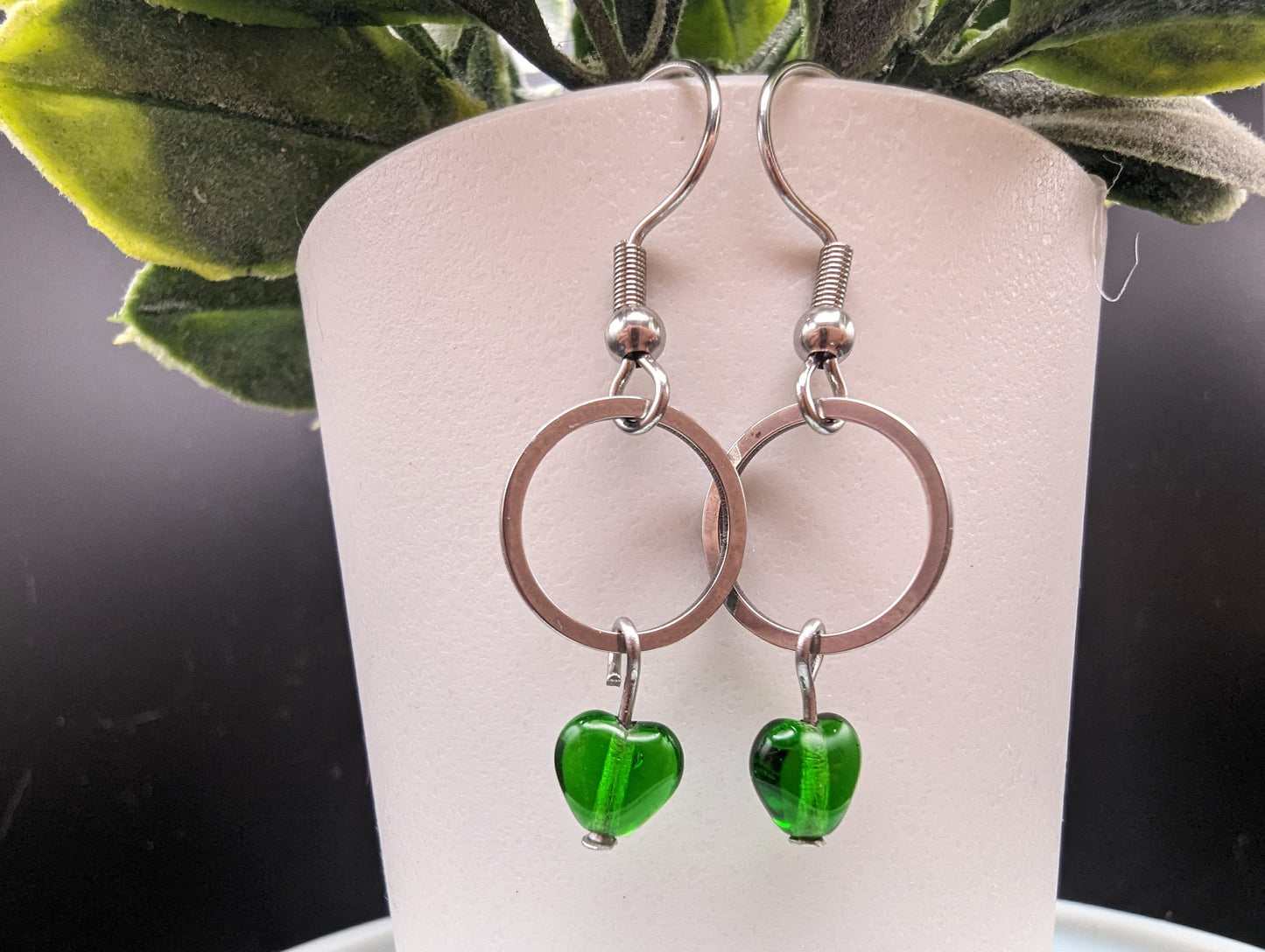 SMALL Silver & Green Czech Glass Heart Earrings