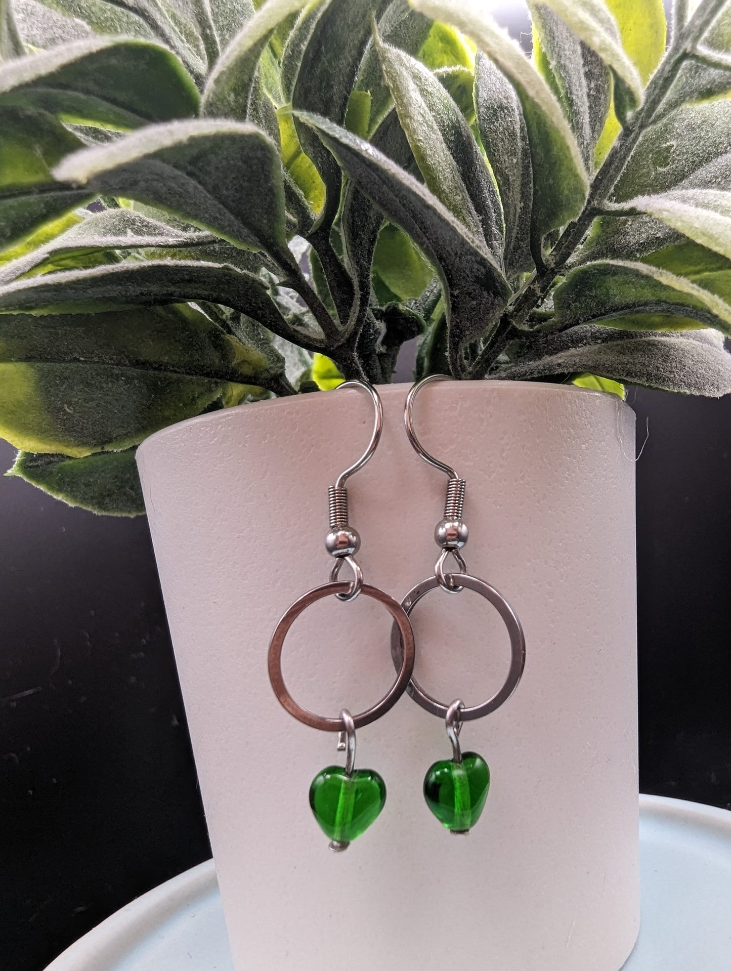 SMALL Silver & Green Czech Glass Heart Earrings