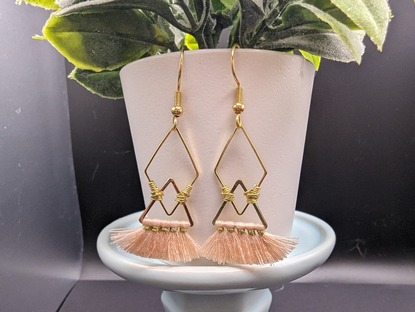 Pink and Gold Geometric Tassel Earrings