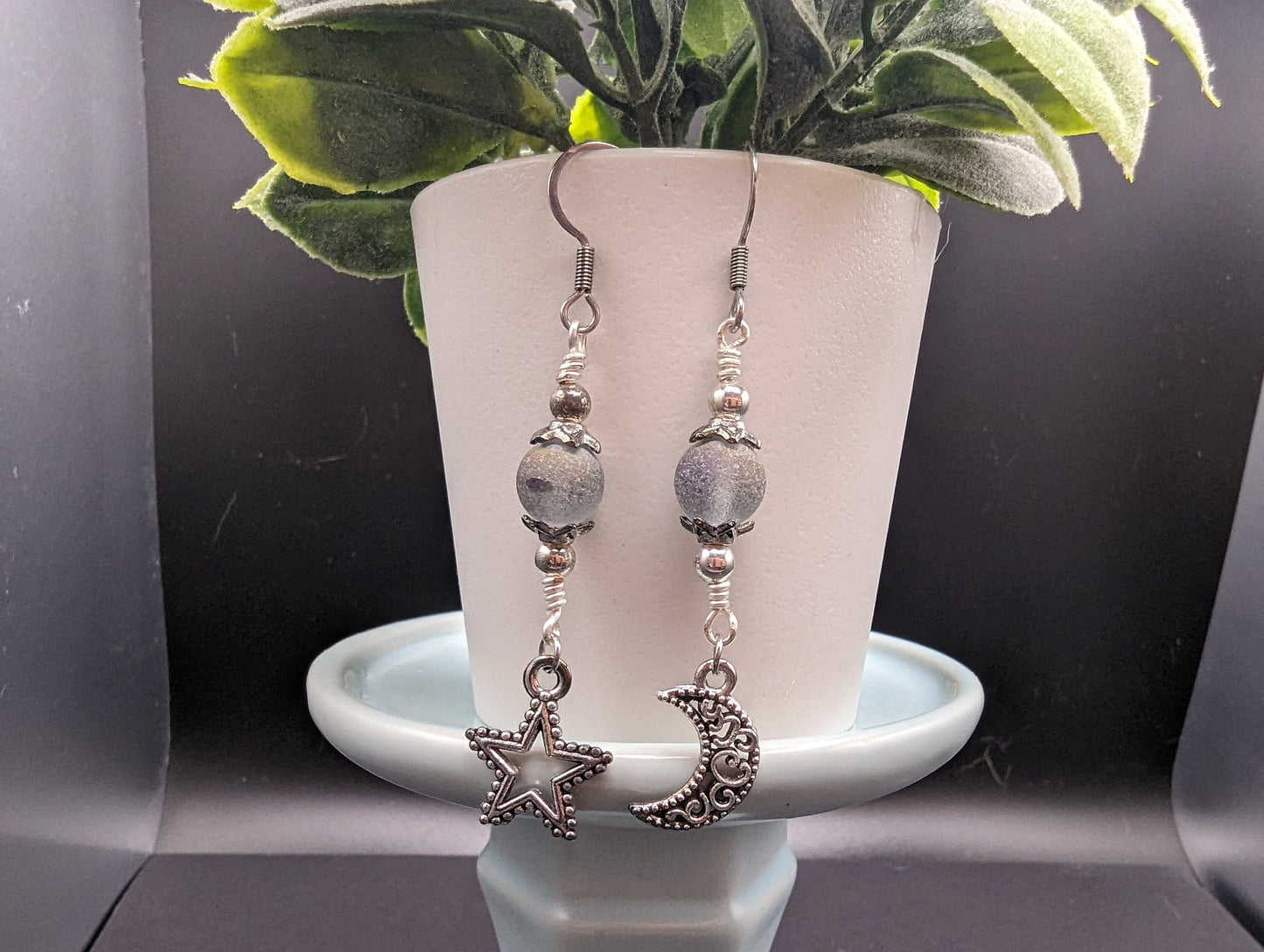 Silver star and moon earrings