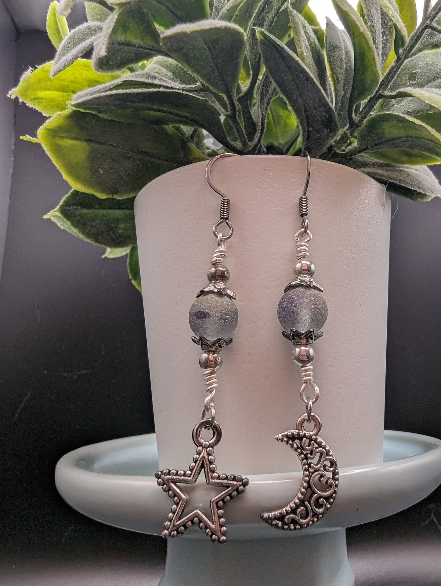 Silver star and moon earrings