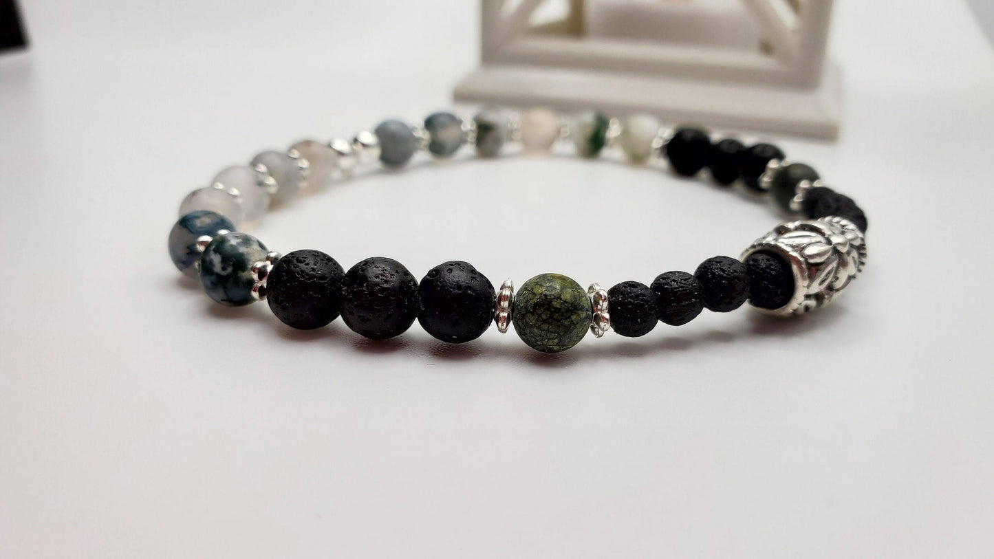 Essential Oil diffuser | Fidget bracelet | Matte Moss Agate & Lava