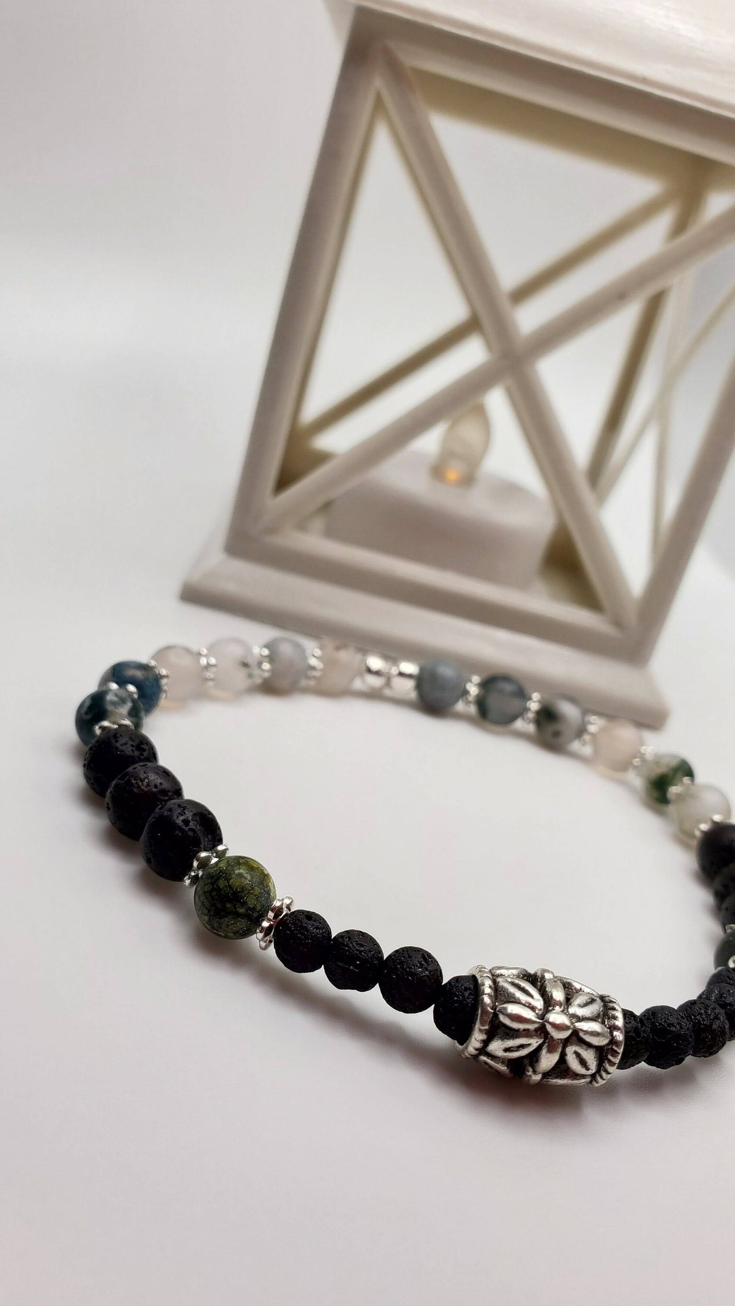 Essential Oil diffuser | Fidget bracelet | Matte Moss Agate & Lava