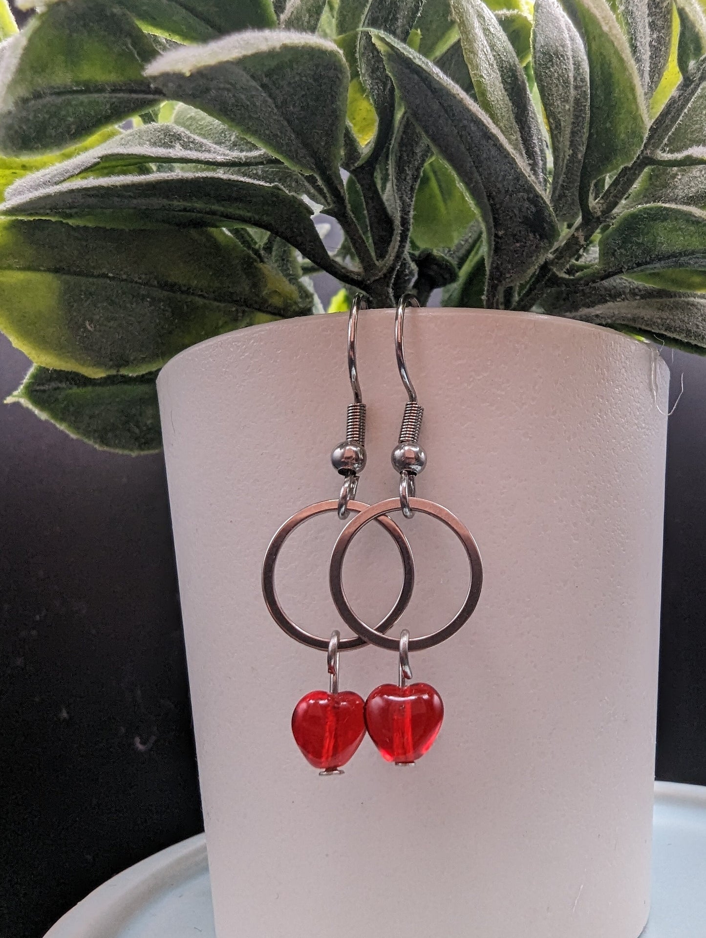 SMALL Silver & Red Czech Glass Heart Earrings