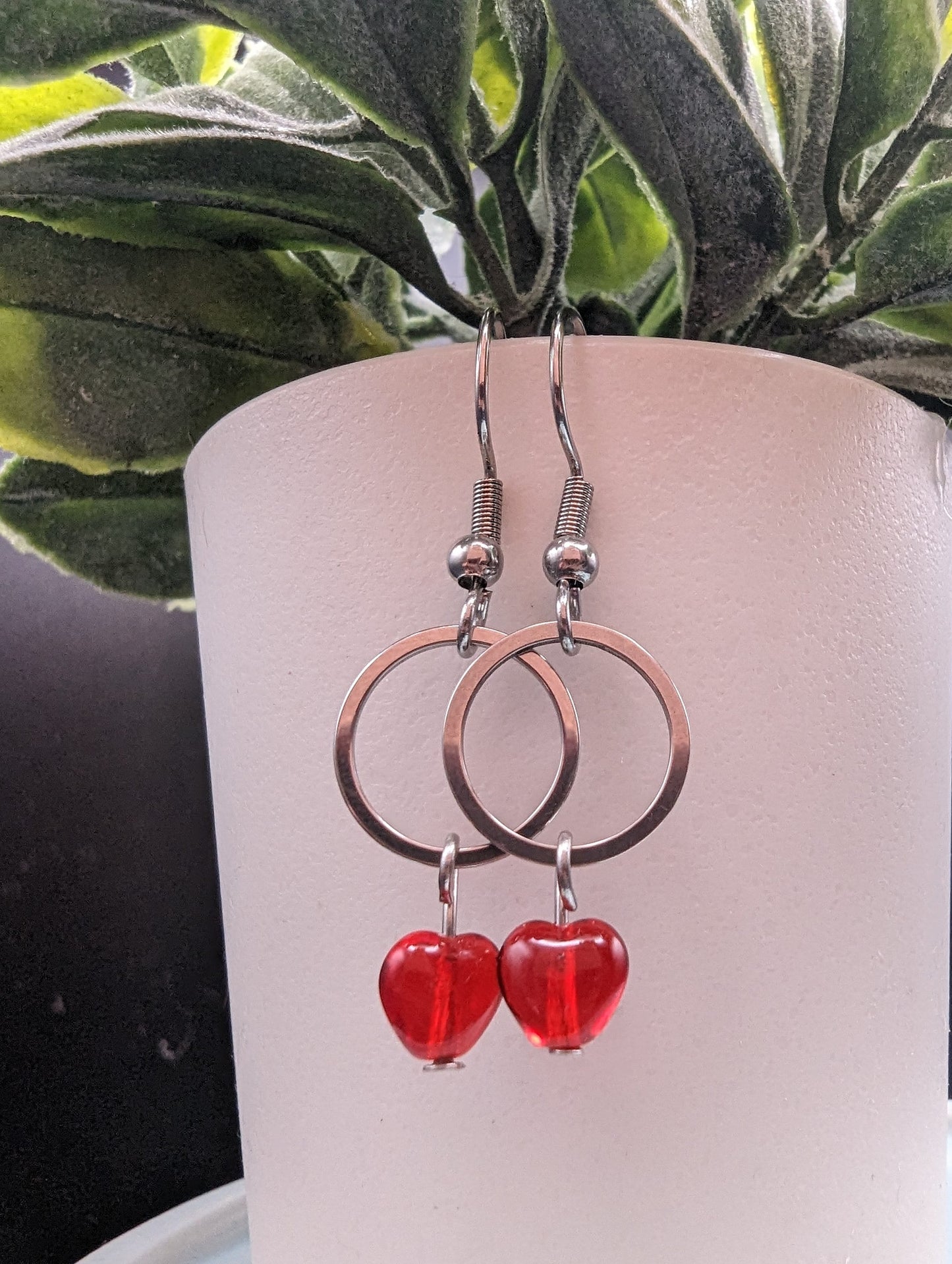SMALL Silver & Red Czech Glass Heart Earrings