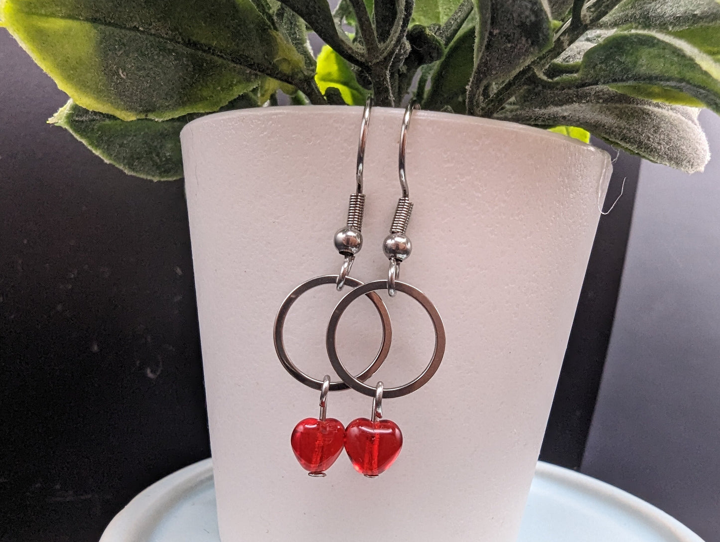 SMALL Silver & Red Czech Glass Heart Earrings