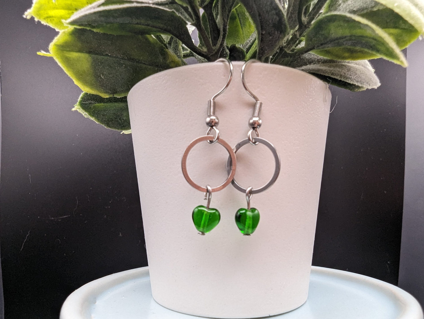 SMALL Silver & Green Czech Glass Heart Earrings
