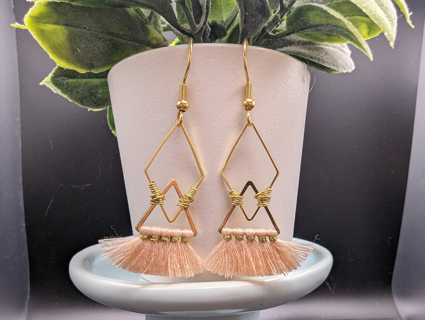 Pink and Gold Geometric Tassel Earrings