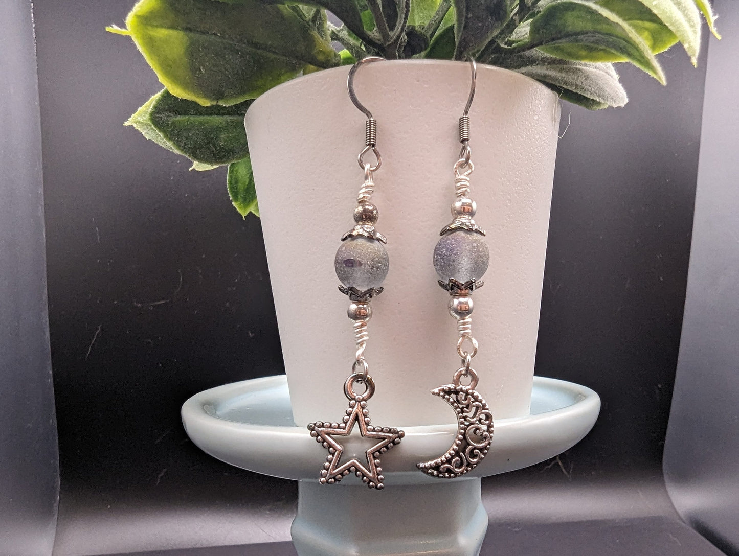 Silver star and moon earrings