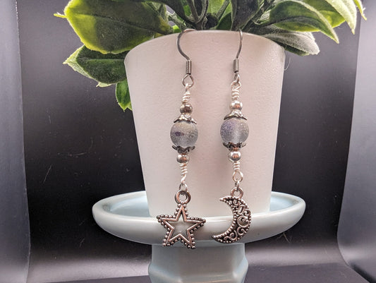 Silver star and moon earrings