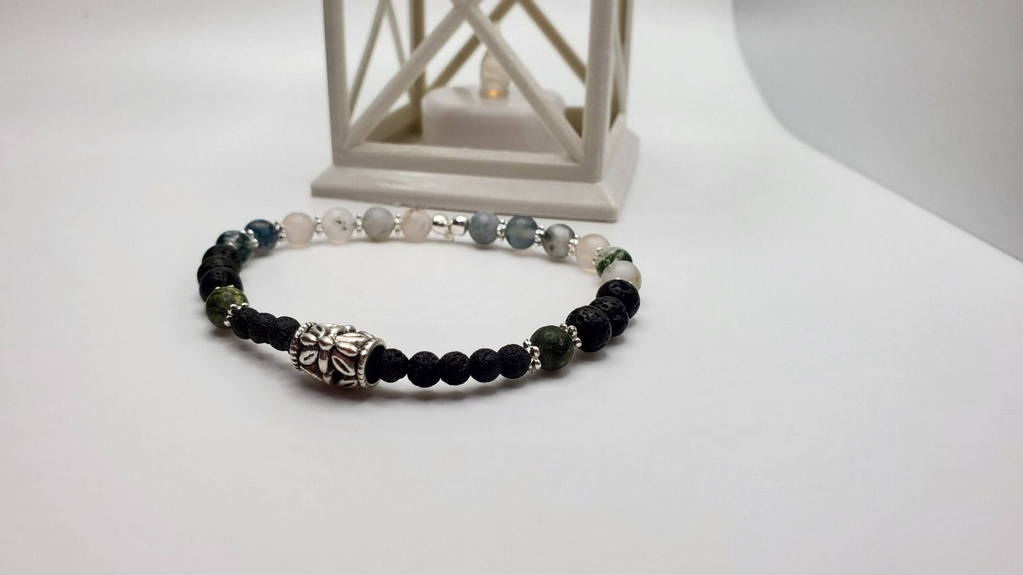 Essential Oil diffuser | Fidget bracelet | Matte Moss Agate & Lava