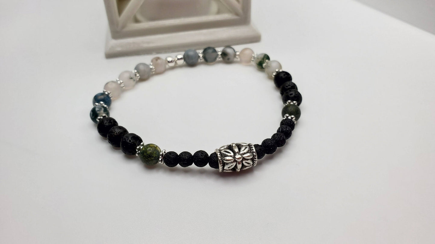 Essential Oil diffuser | Fidget bracelet | Matte Moss Agate & Lava