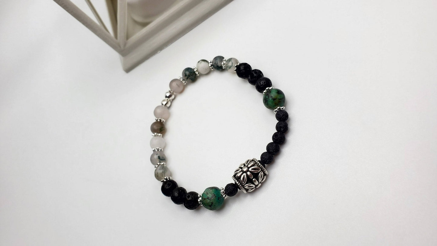 Essential Oil diffuser | Fidget bracelet | Matte Moss Agate & Lava