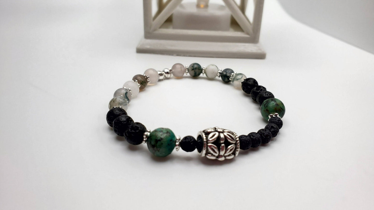 Essential Oil diffuser | Fidget bracelet | Matte Moss Agate & Lava